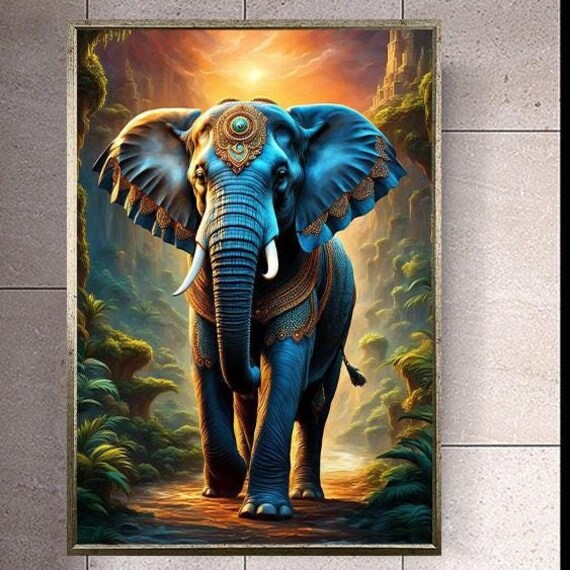 Blue Temple Elephant With Jeweled Crown Fantasy Jungle Sunset Poster