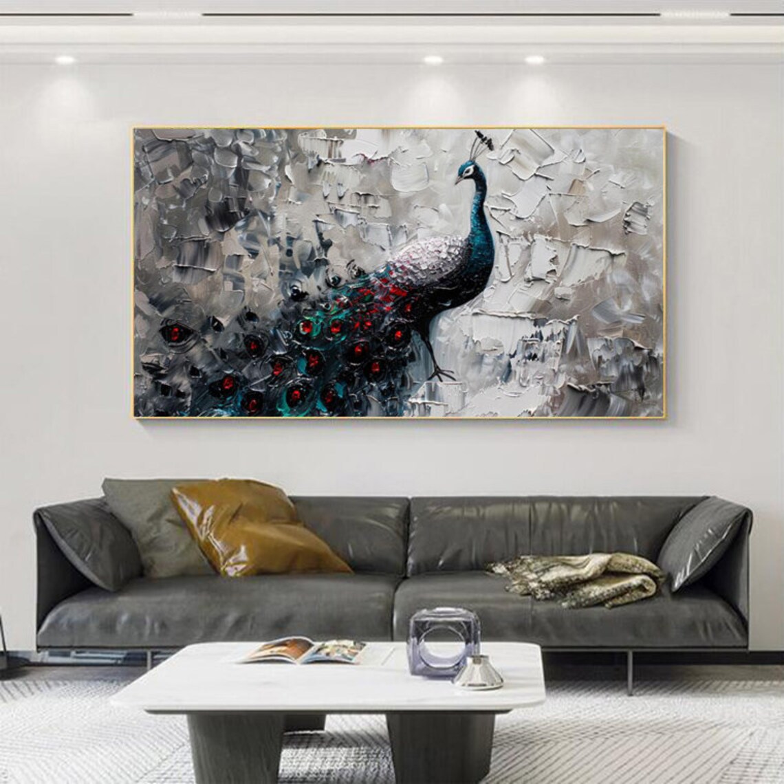 Peacock Oil Painting, Grey Background Art Print - Image 5