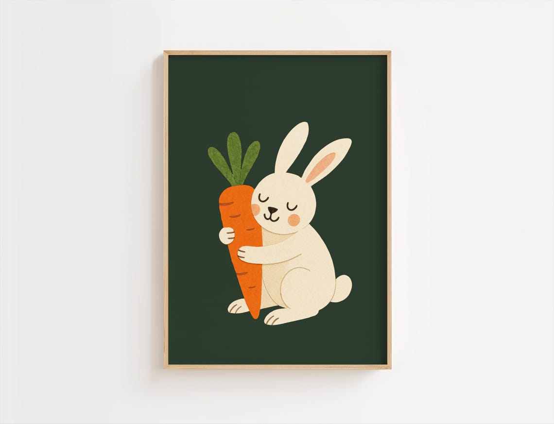 Cute White Bunny Hugging Carrot Nursery Decor Woodland Print