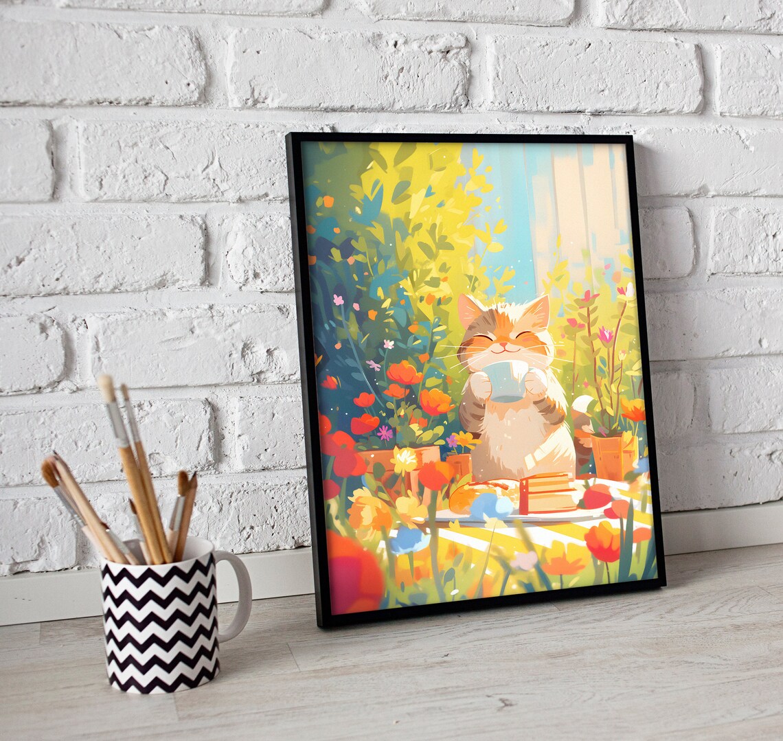 Cozy Cat Floral Art Print, Cute Tabby Cat Decor - Image 3