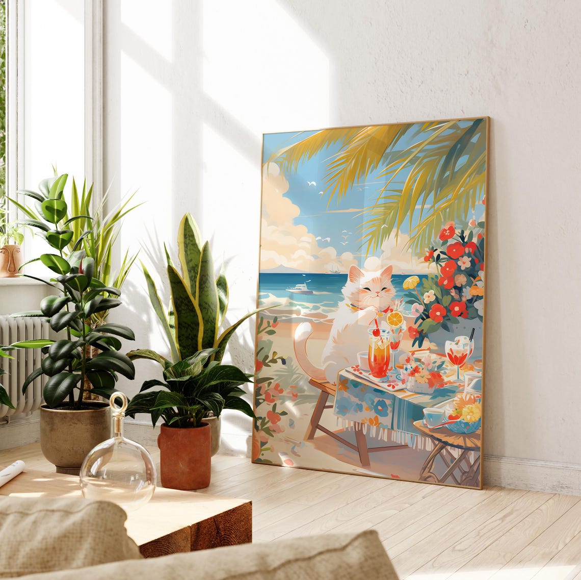 White Cat Enjoying Cocktails at a Tropical Beach Picnic Poster - Image 3