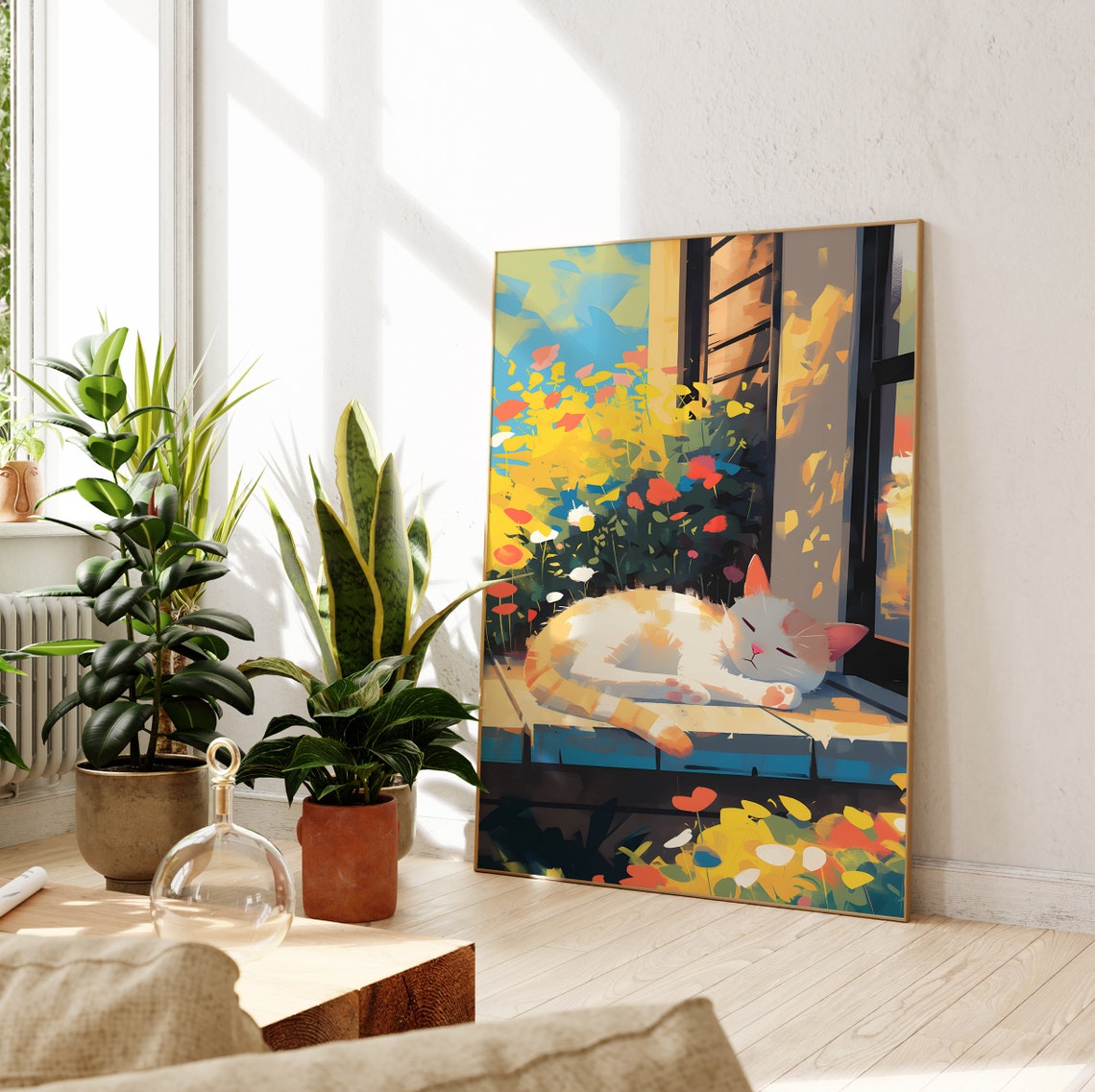 Sleeping White Cat on a Sunny Flower-Filled Windowsill Poster - Image 2