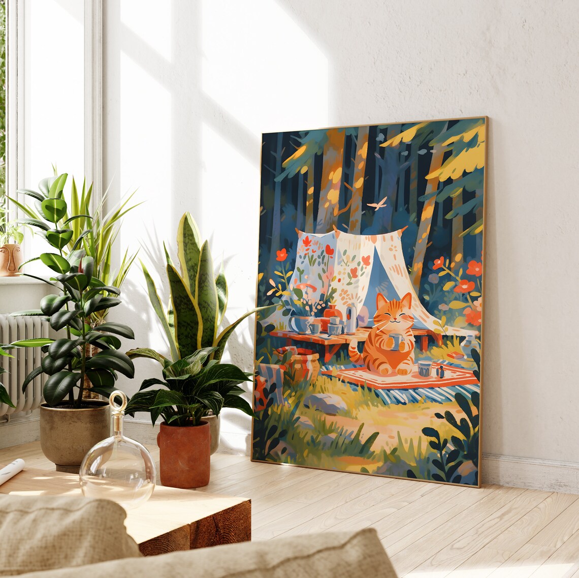 Tabby Cat Camping Spring Painting, Cute Cat Art Print - Image 2