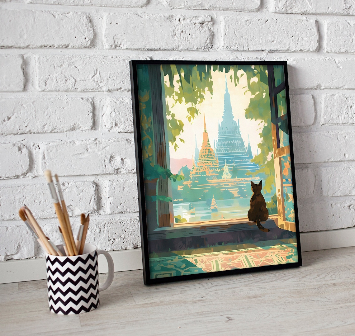 Cat in a Buddha Temple, Thailand Christmas Art Print - Image 3