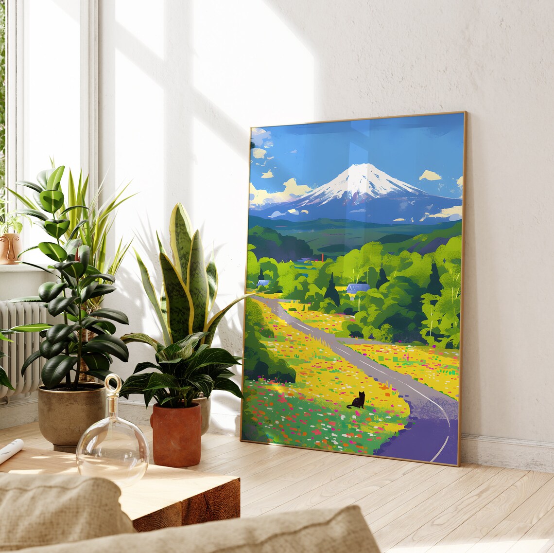 Mount Fuji Black Cat Poster, Japan Floral Art - Image 2