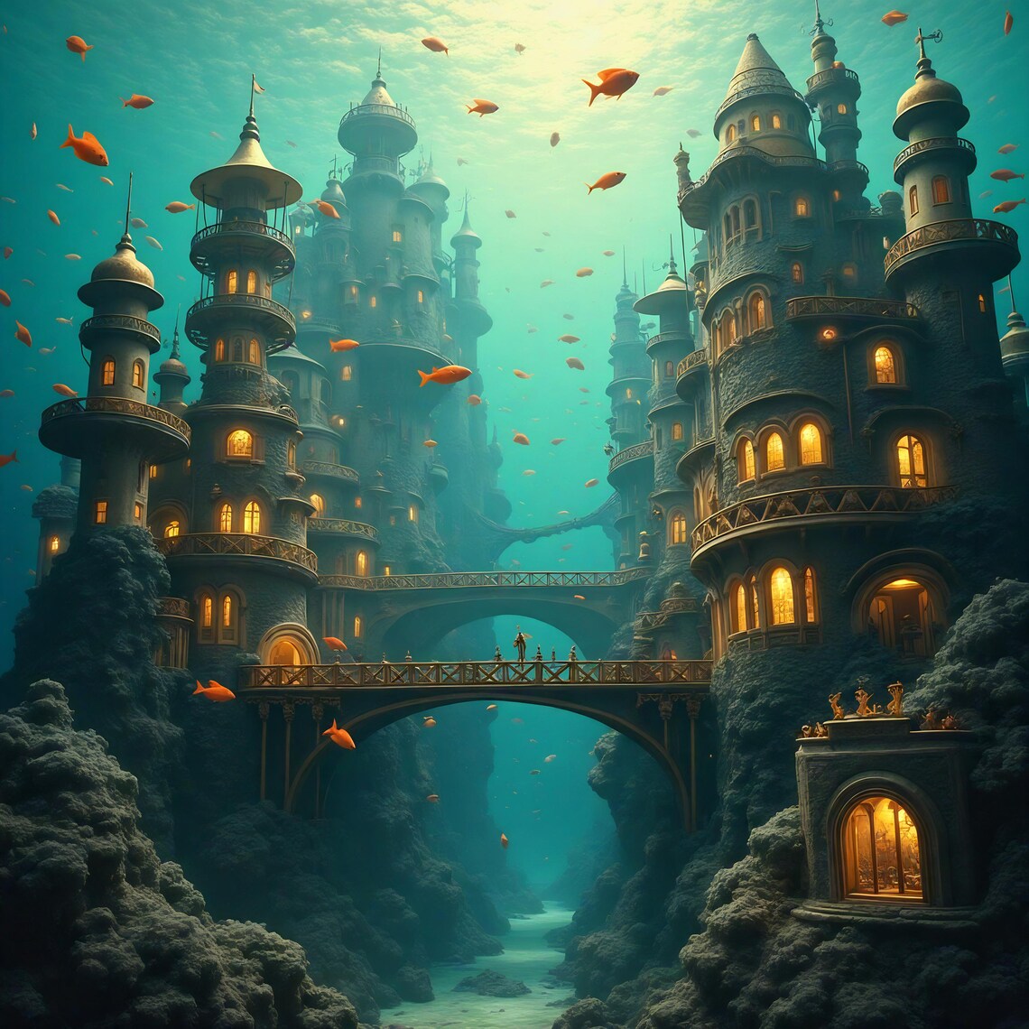 Lost Underwater Steampunk City of Towers and Bridges Fantasy Poster
