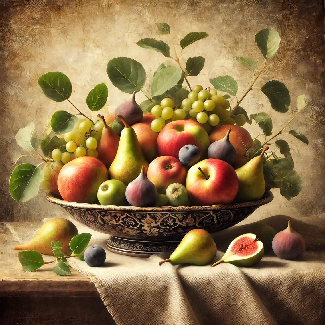 Vintage Still Life Fruit Bowl Print Rustic Elegance With Apples Pears And Figs Wall Art Print Gift Idea For Her