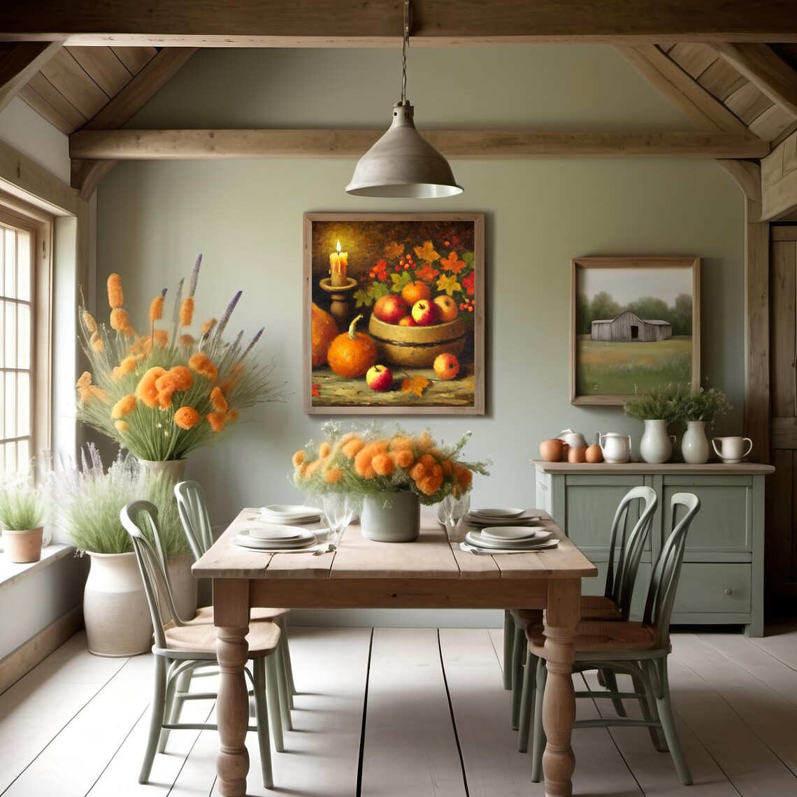 Cozy Autumn Still Life Apples Pumpkins Candle Glow Harvest Oil Poster - Image 2