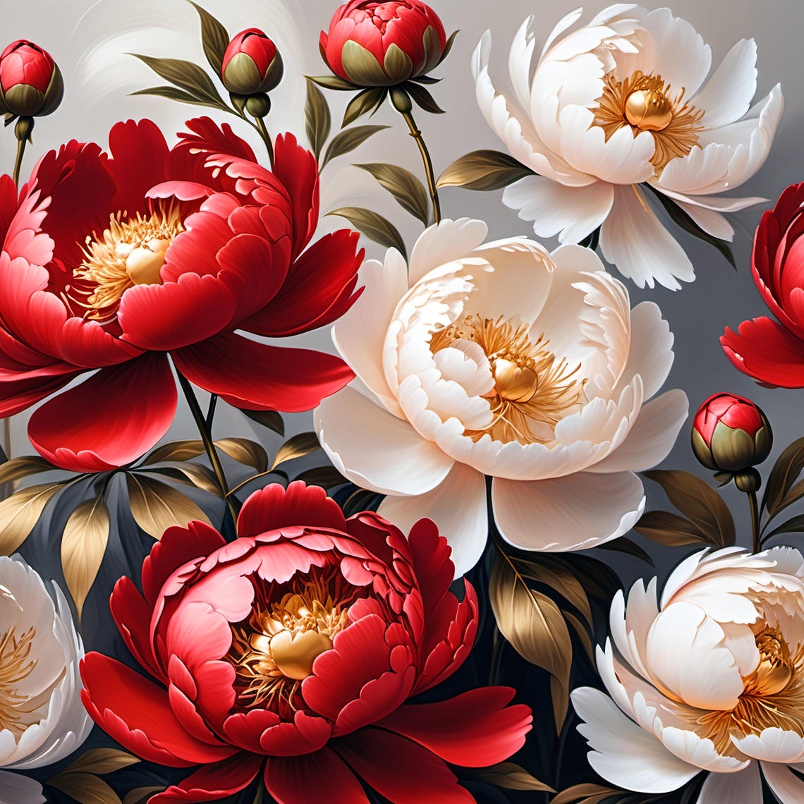 Red White Peony Flowers Bold Botanical Lush Garden Bloom Art Poster