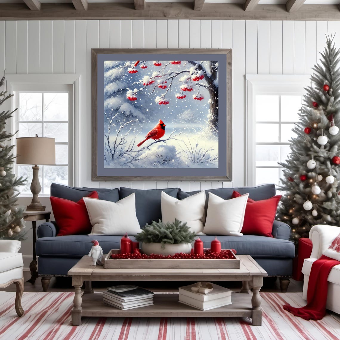 Red Cardinal on Snowy Branch Winter Berries Nature Art Print - Image 3
