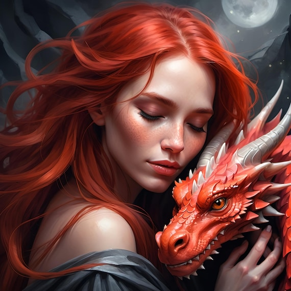 Red Haired Sorceress Embracing Red Dragon Moonlight Fantasy Art Poster
