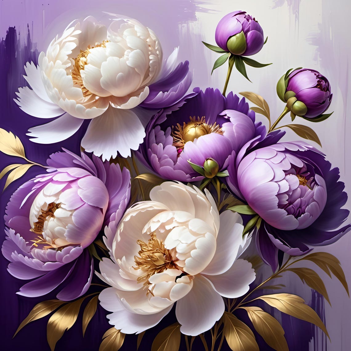Purple Peony Buds White Blossoms Gold Elegant Botanical Art Poster