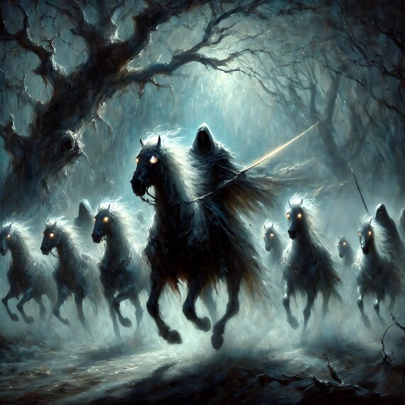 Ghostly Wild Hunt Riders Haunted Forest Dark Gothic Fantasy Horsemen Wall Art