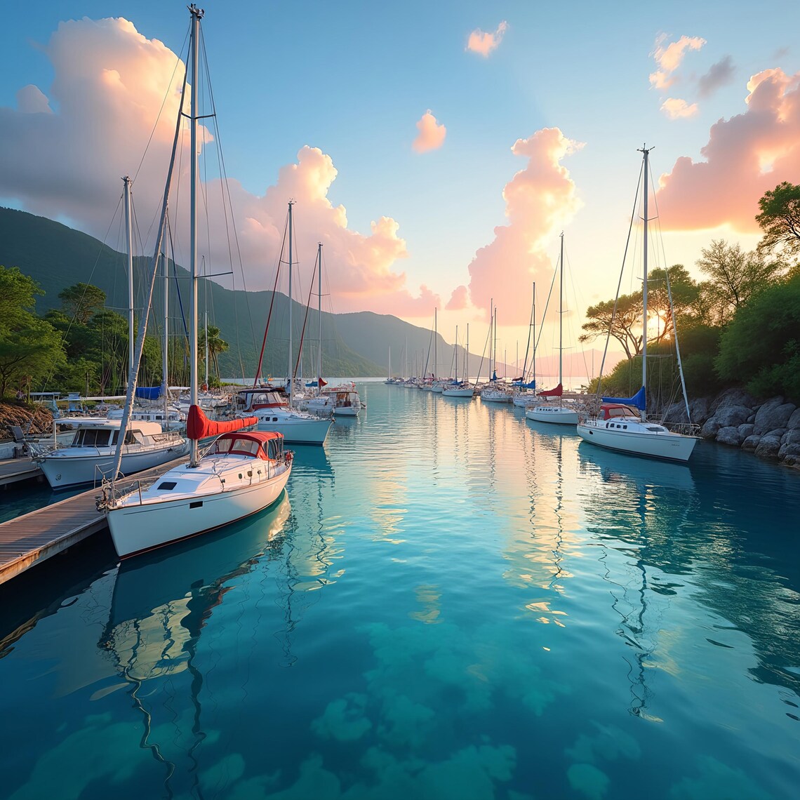 Marina At Sunset Tranquil Coastal Wall Art Sailboats Mountain Scene Nautical For Peaceful Dcor - Image 3