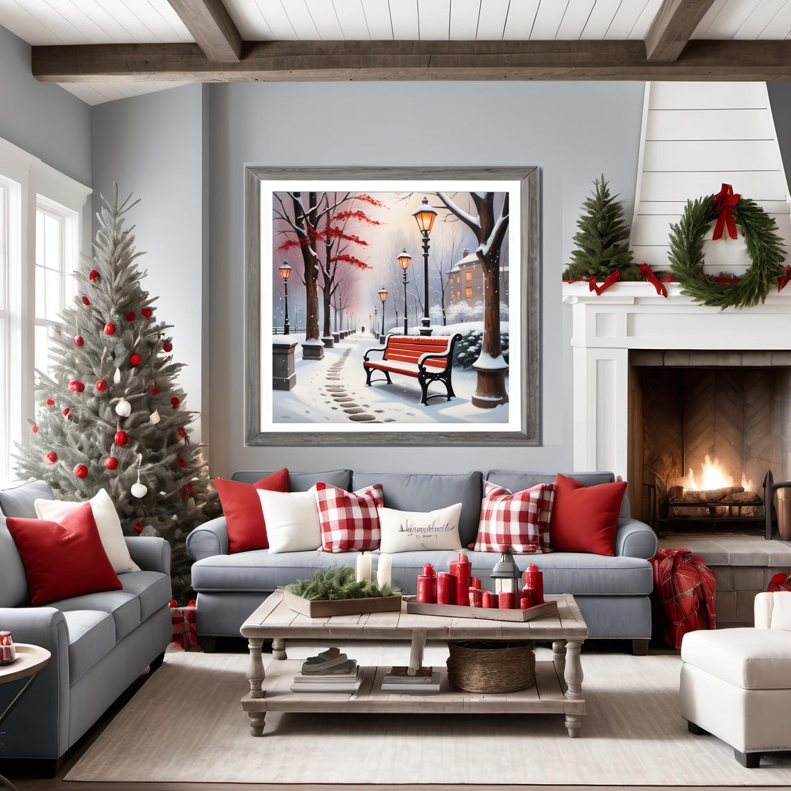 Snowy Winter Park Red Bench Glowing Lamppost Serene Cozy Art Print - Image 3
