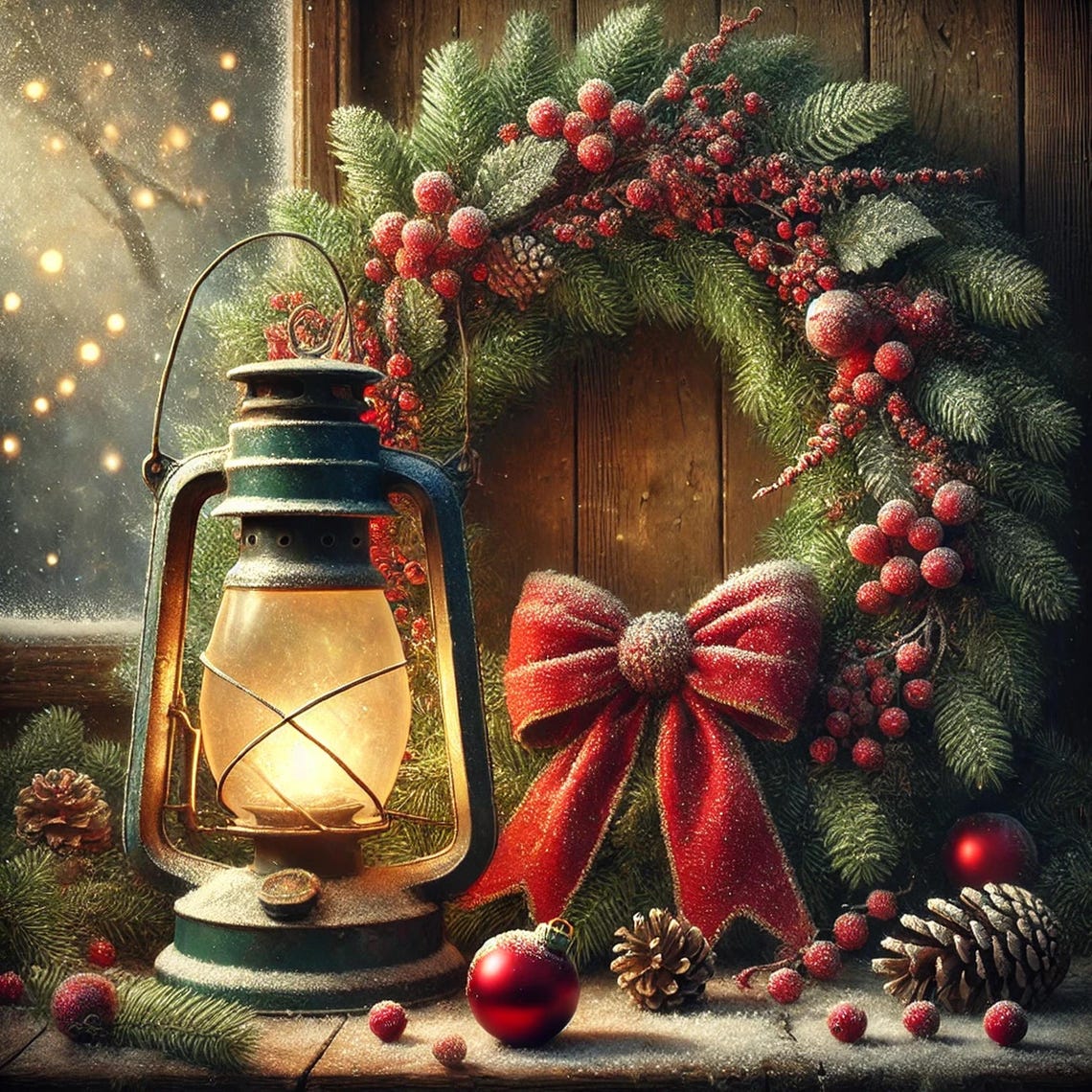 Christmas Wreath Glowing Lantern Red Bow Cozy Holiday Art Print