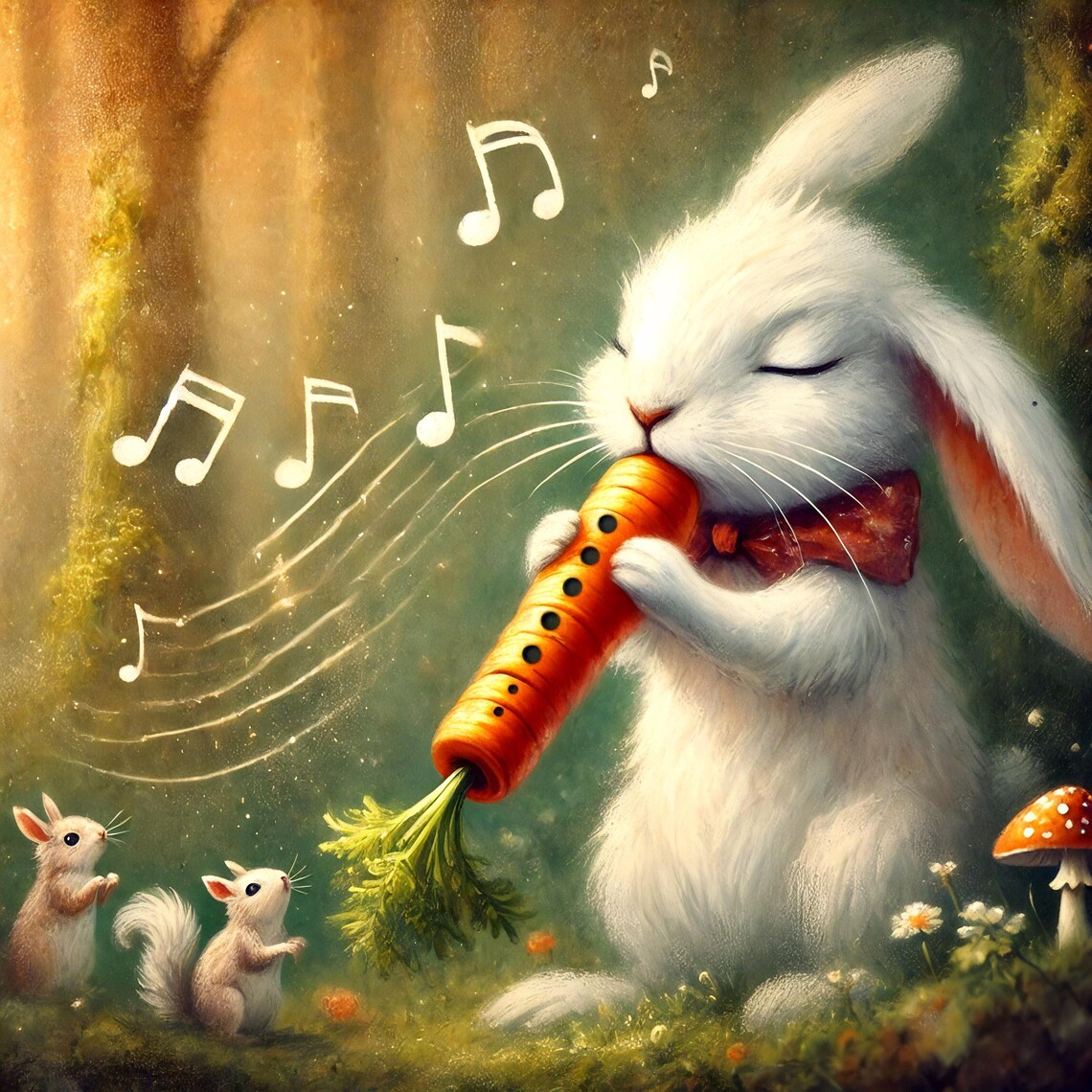 Whimsical Bunny Playing Carrot Flute Art Print