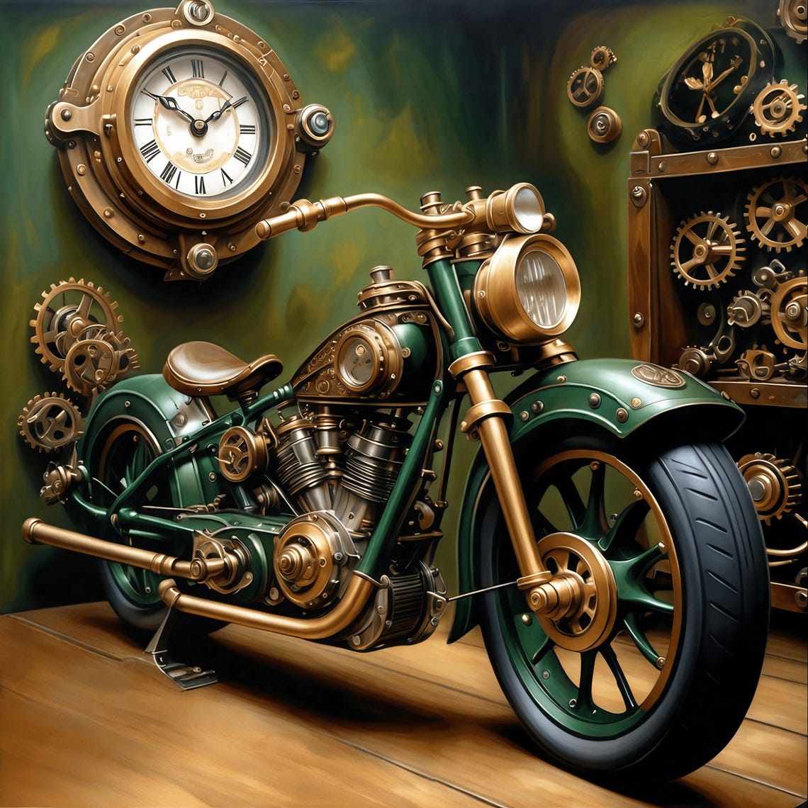 Green Steampunk Motorcycle Brass Gears Clock Vintage Industrial Print