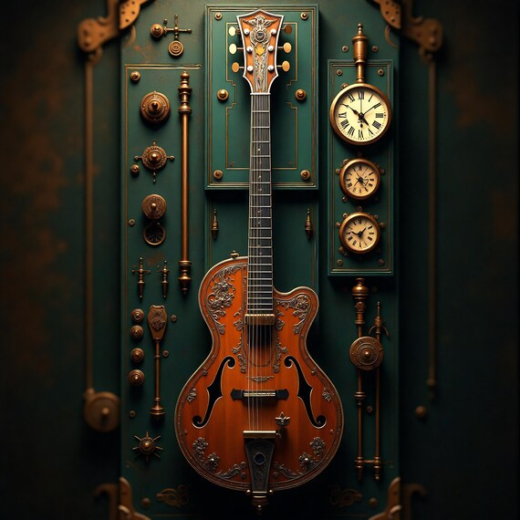 Steampunk Archtop Guitar Brass Clocks Engraved Music Instrument Print