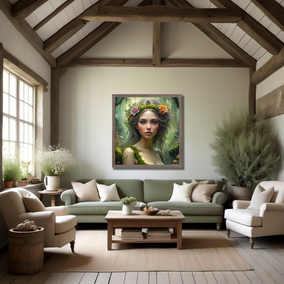 Dreamy Forest Nature Goddess with Moss and Floral Crown Wall Art - Image 3