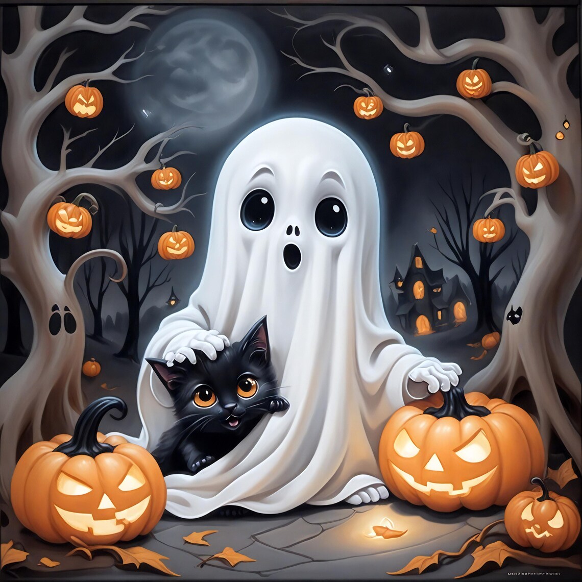 Cute Halloween Ghost Kitten, Whimsical Autumn Decor