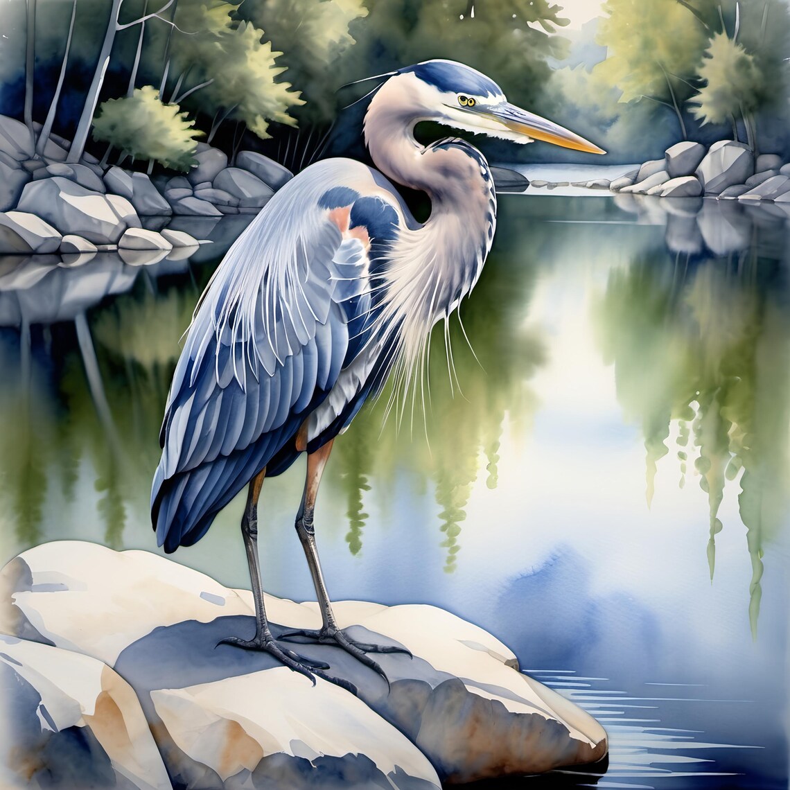 Great Blue Heron Lake Rocky Shore Watercolor Wildlife Art Poster