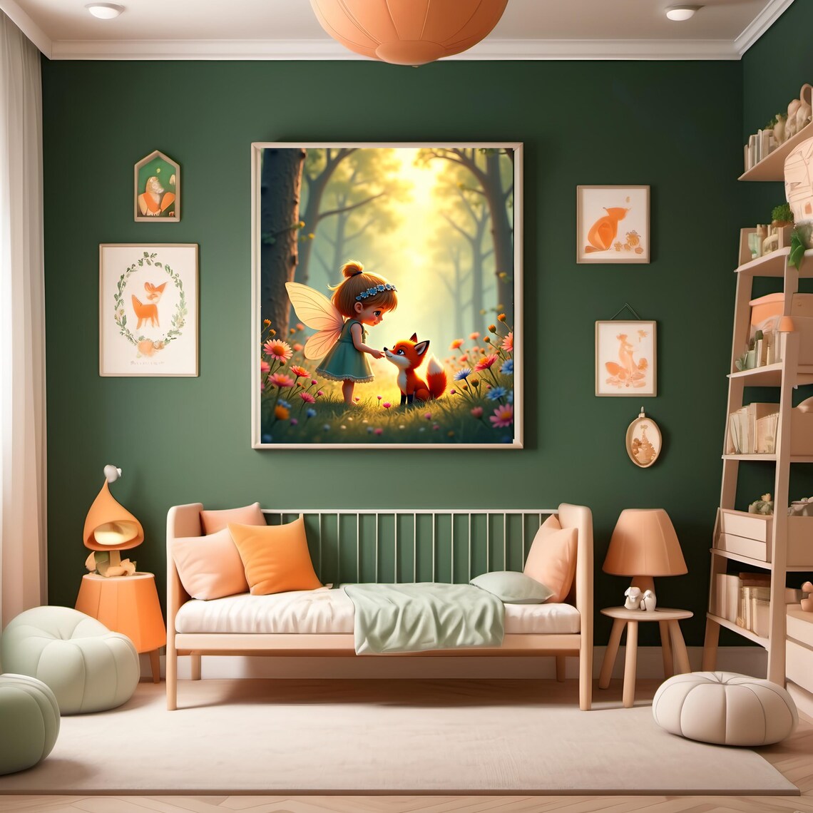 Whimsical Fairy Girl With Fox Sunlit Flower Forest Nursery Kids Room Magic Art - Image 2