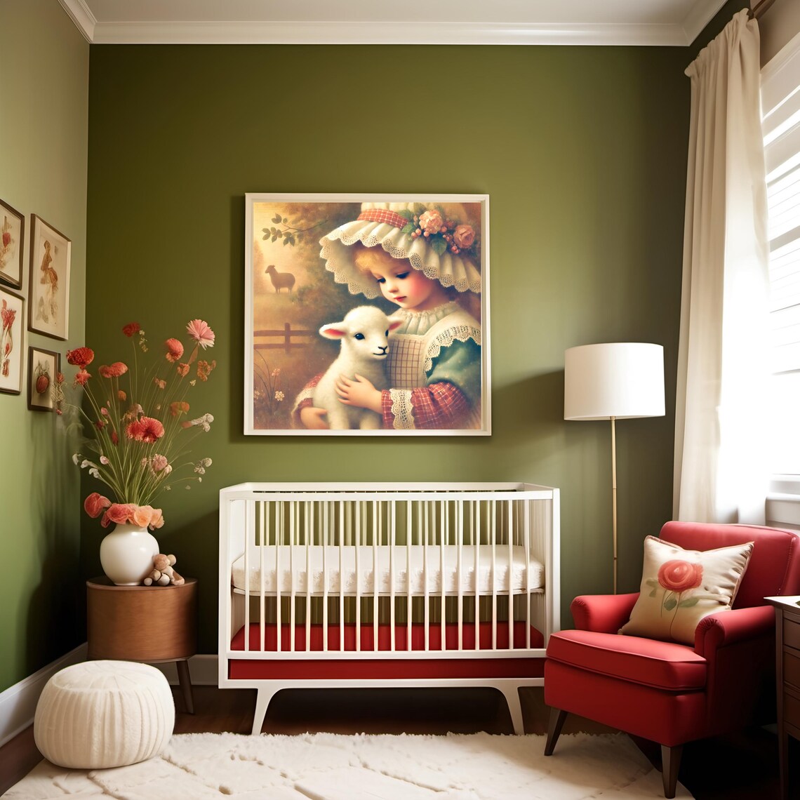 Mary Had A Little Lamb Girl With White Lamb Vintage Nursery Print - Image 2