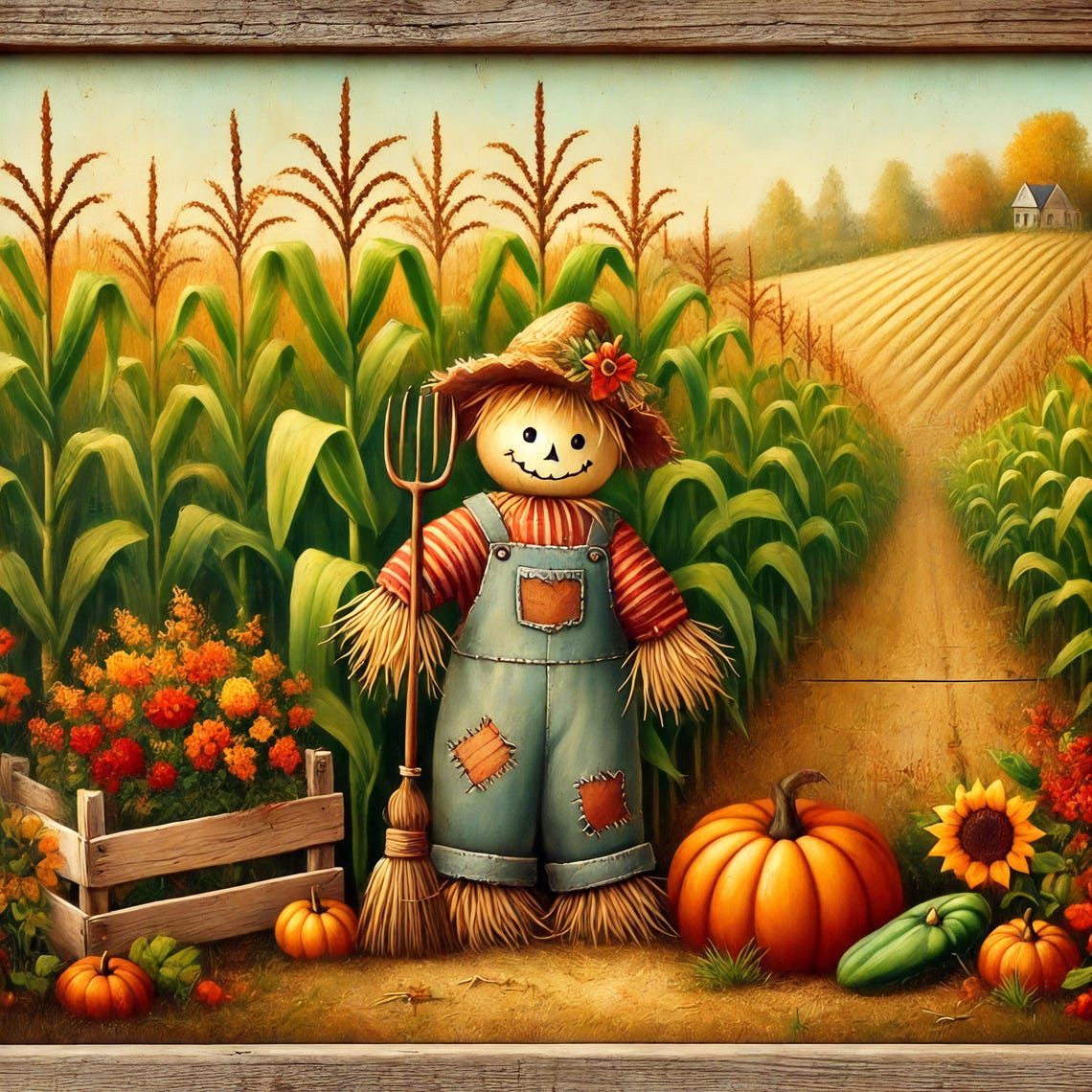 Rustic Scarecrow Fall Harvest Cornfield Pumpkins Vintage Autumn Poster