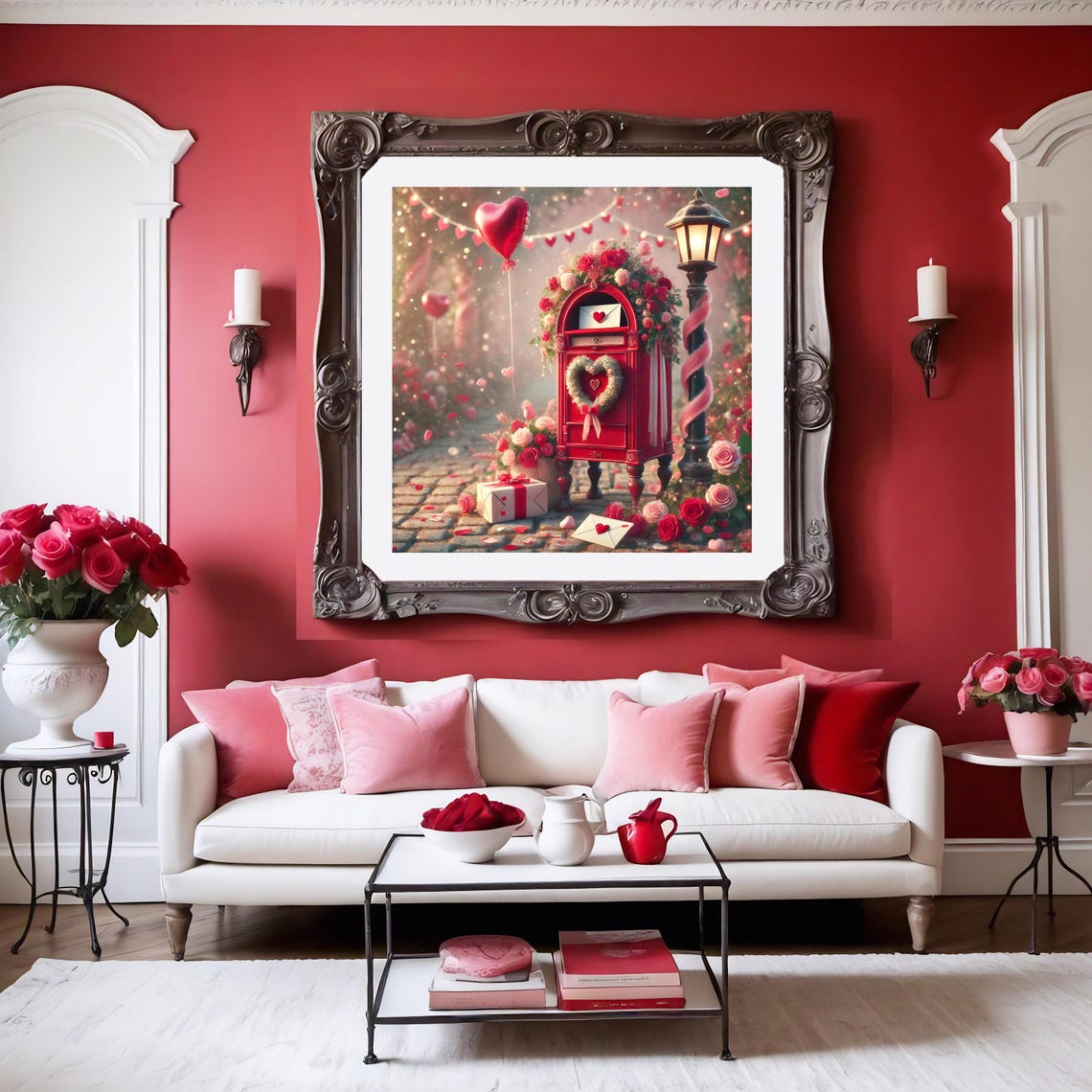 Whimsical Red Valentine Mailbox with Roses and Love Letters Print - Image 3
