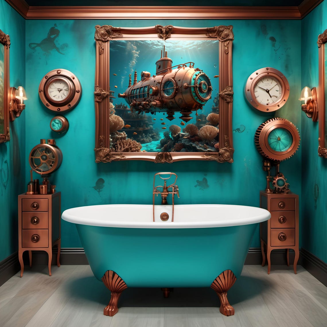 Underwater Steampunk Submarine Print Nautical Fantasy Wall Art Turquoise And Bronze Sci Fi Artwork Steampunk Gift Lover Idea - Image 2