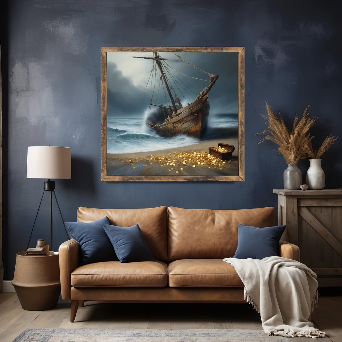 Shipwreck And Treasure Art Dramatic Nautical Wall Decor Maritime Artwork Treasure Chest And Ocean Scene Illustration - Image 3