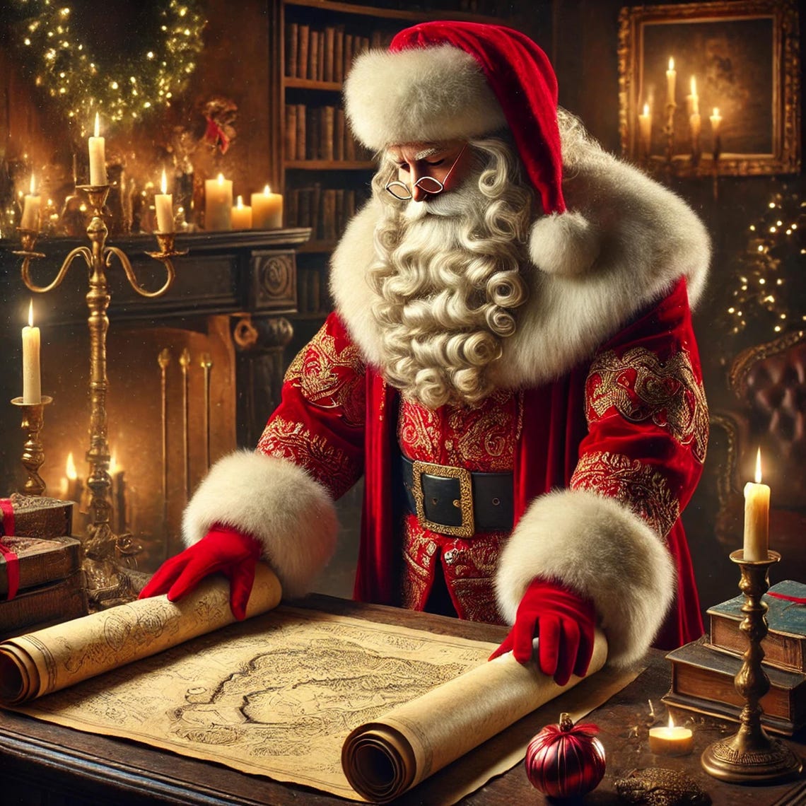 Santa Claus in His Study Antique Map Cozy Christmas Art Print