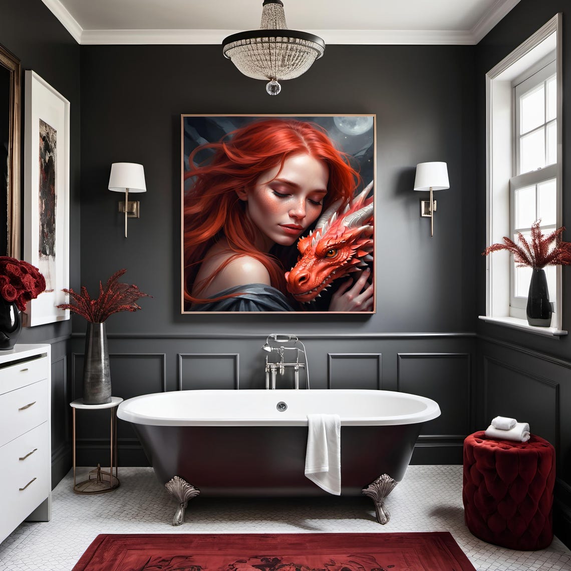 Red Haired Sorceress Embracing Red Dragon Moonlight Fantasy Art Poster - Image 2