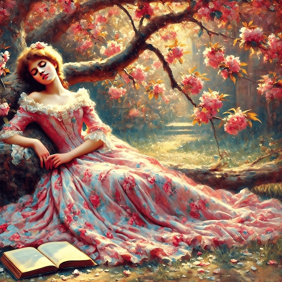 Woman In Pink Gown Reading Book Under Blossom Tree Dreamy Poster