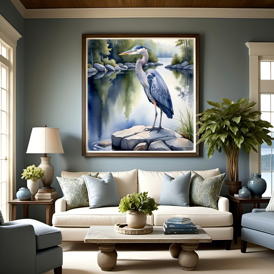 Blue Heron Standing Rock Mirror Lake Calm Watercolor Bird Poster - Image 3