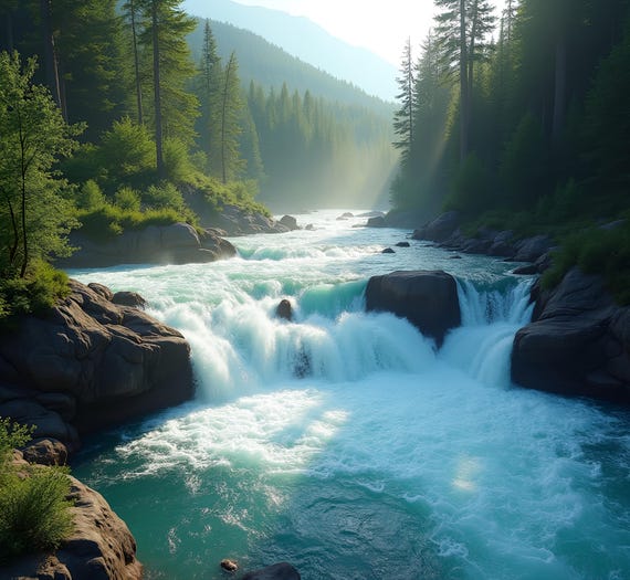 Roaring Rapids Ultra Realistic Nature Wall Art Wilderness Scene With Rapids Mountains Lush Greenery For Home