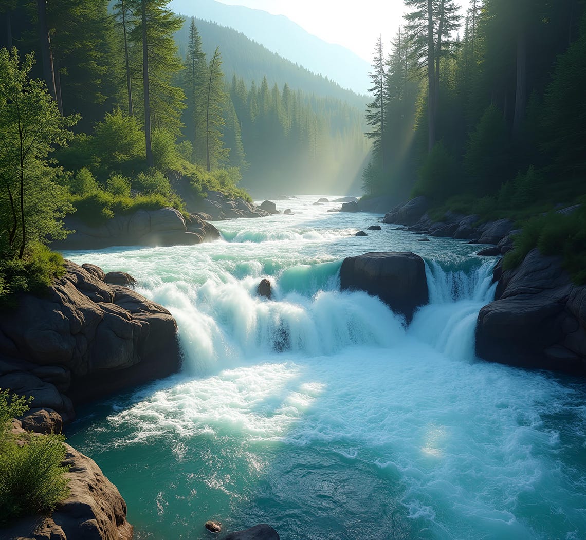 Roaring Rapids Ultra Realistic Nature Wall Art Wilderness Scene With Rapids Mountains Lush Greenery For Home