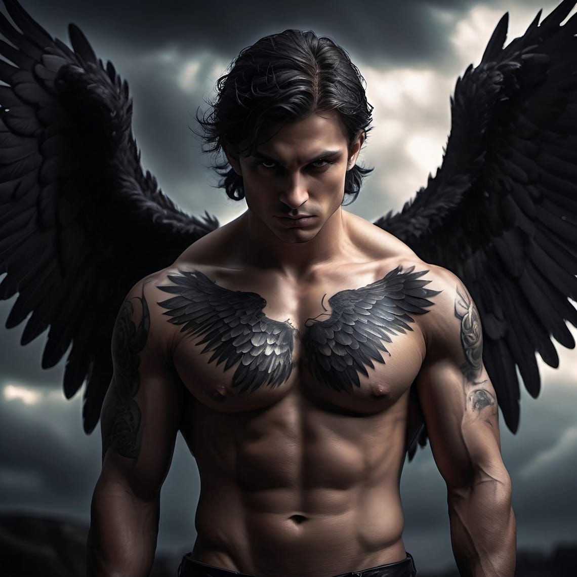 Dark Angel With Wing Tattoos Celestial Gothic Art Stormy Sky And Powerful Figure Mystical Fantasy Decor - Image 3