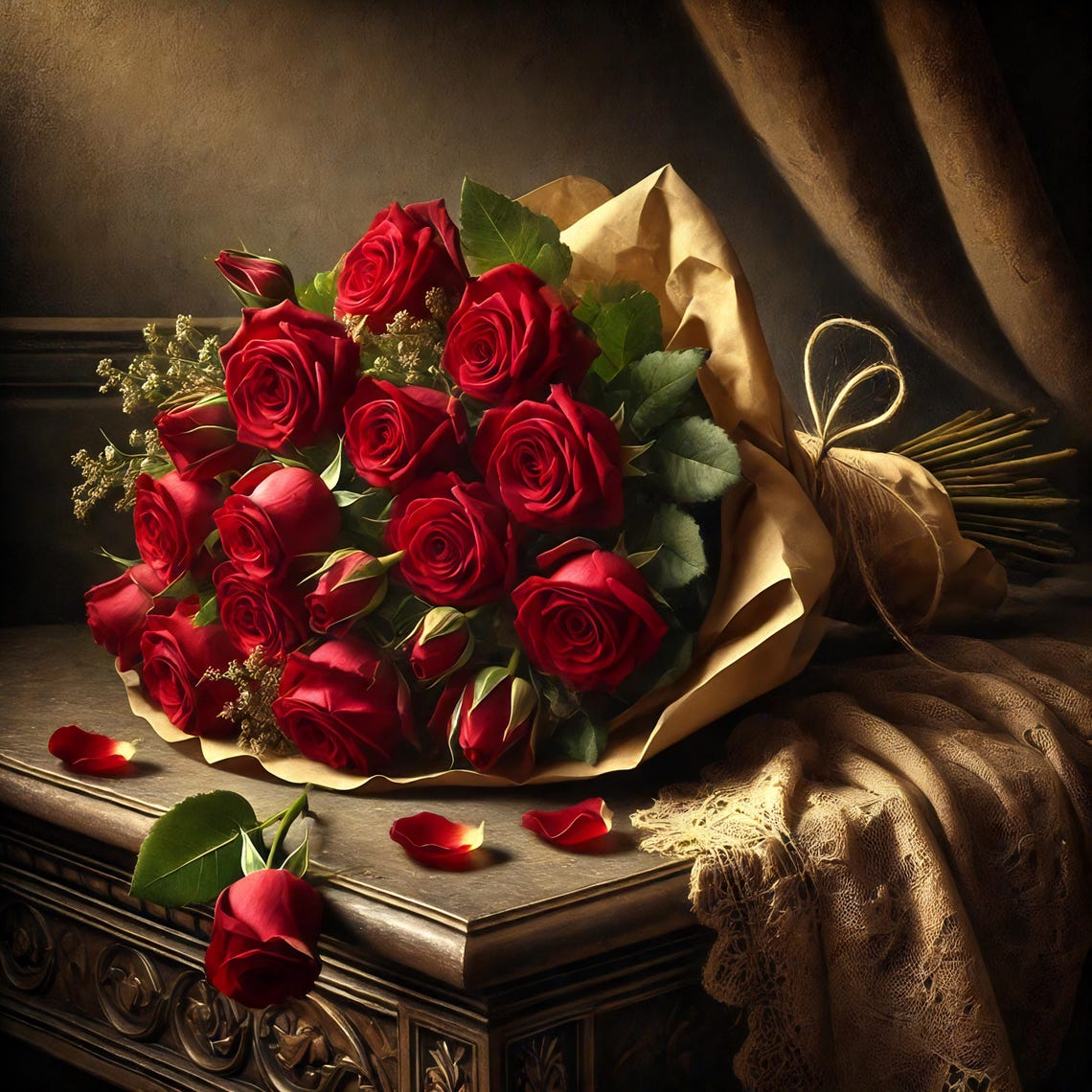 Romantic Red Rose Bouquet in Kraft Paper Vintage Floral Wall Art