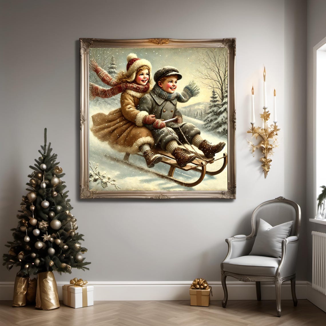 Nostalgic Winter Sled Ride Through The Snow Vintage Kids Art Poster - Image 3