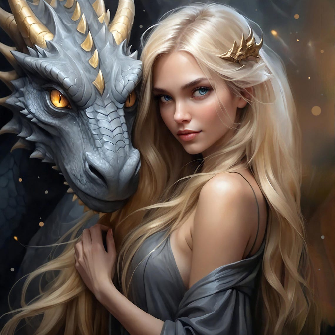 Blonde Beauty And Silver Dragon Golden Horns Warm Fantasy Art Poster