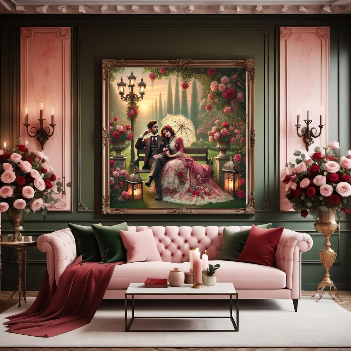 Victorian Couple on Garden Bench in Rose Arbor at Dusk Wall Art - Image 3