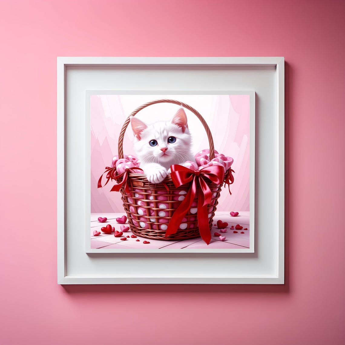 Cute White Kitten in Valentine Gift Basket with Hearts Wall Art - Image 3