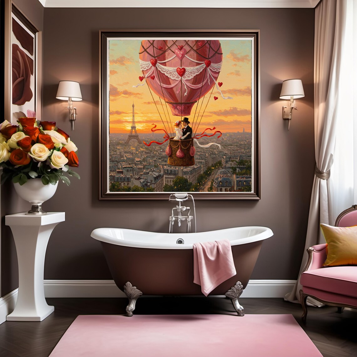 Paris Hot Air Balloon Ride Couple Eiffel Tower Sunset Skyline Poster - Image 2