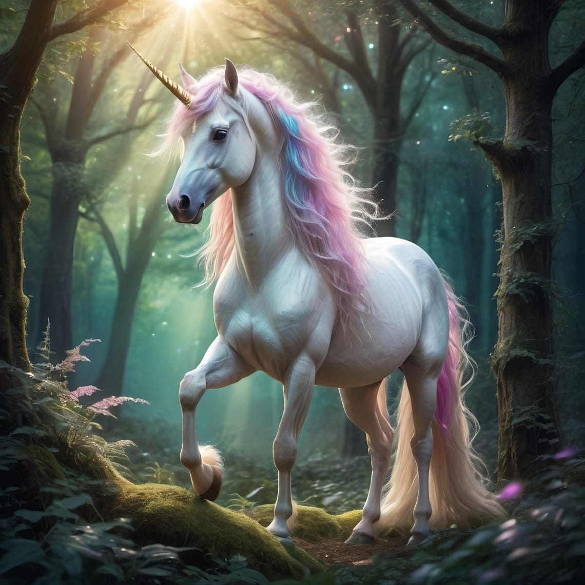 White Unicorn with Pastel Rainbow Mane in Magical Forest Poster