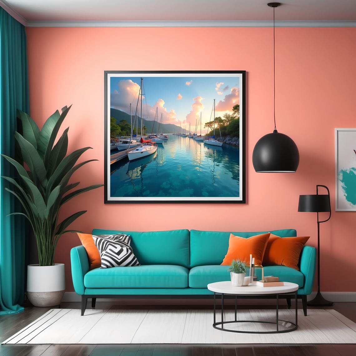 Marina At Sunset Tranquil Coastal Wall Art Sailboats Mountain Scene Nautical For Peaceful Dcor - Image 2