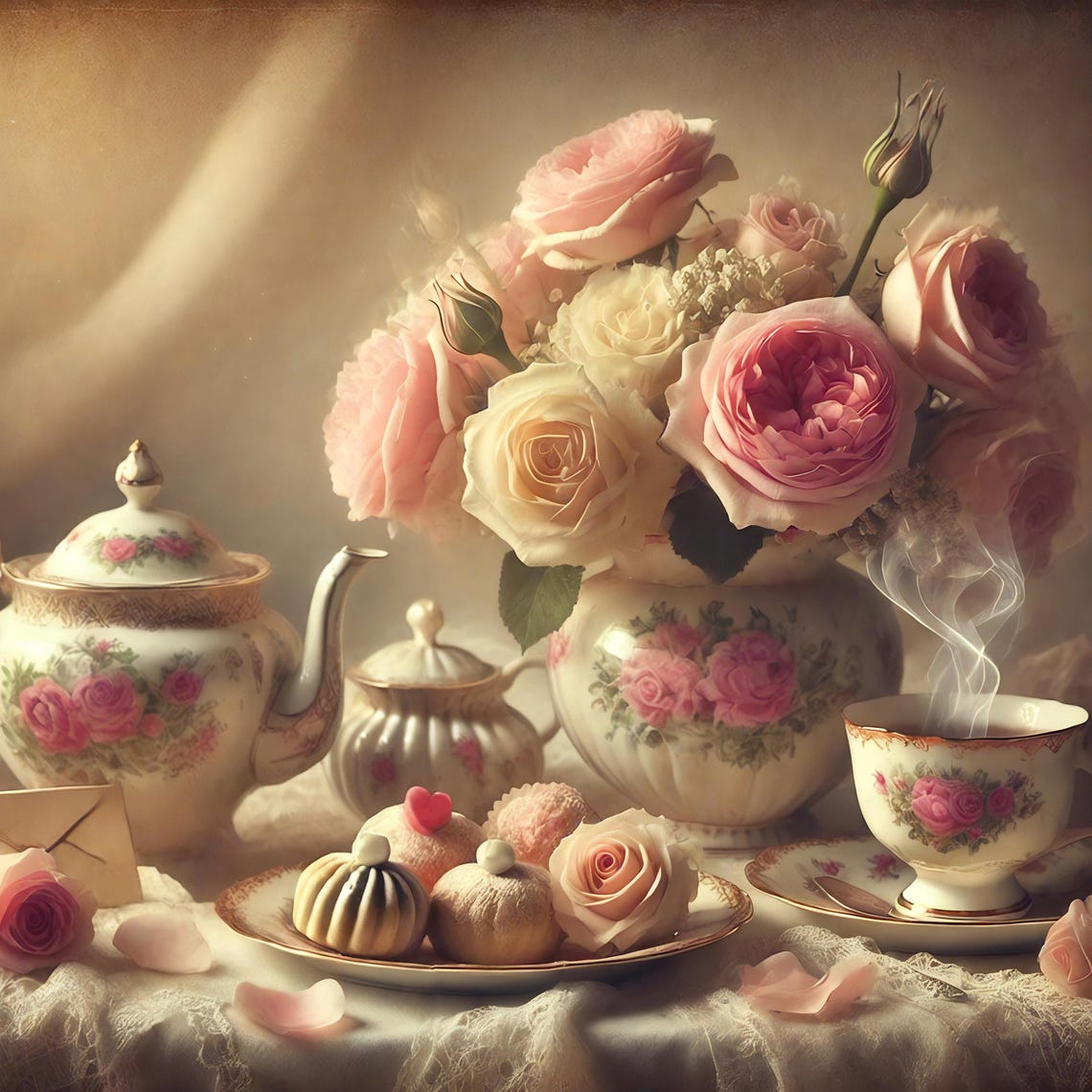 Valentine Tea And Roses Porcelain Pastries Steaming Cup Romantic Print