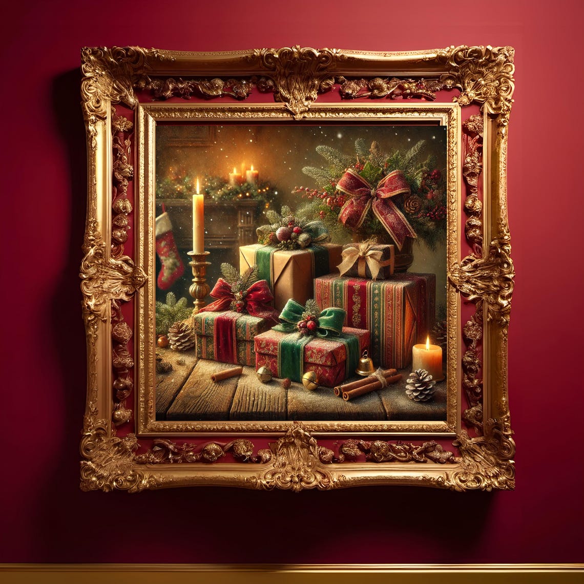 Christmas Presents Fireplace Mantel Candles Stocking Holiday Poster - Image 3