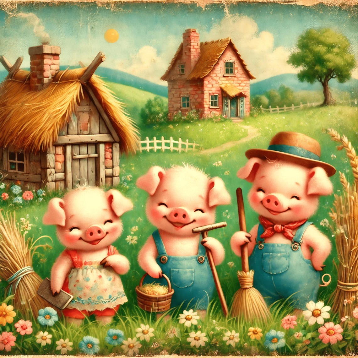 Three Little Pigs Building Their Straw Stick And Brick Houses Poster